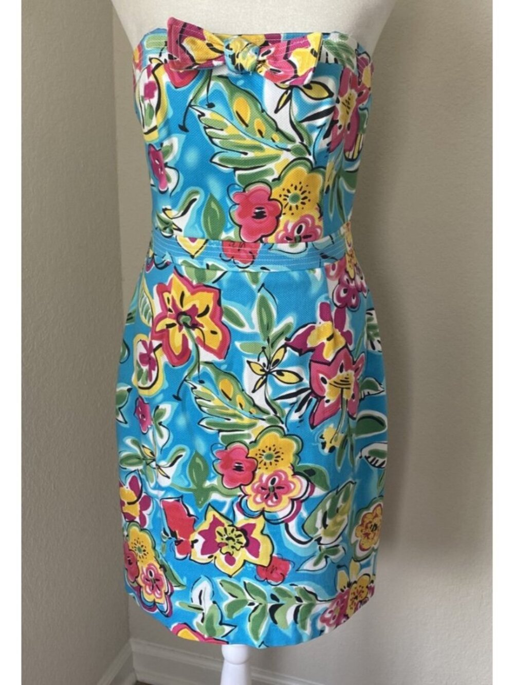 David Meister Blue Floral Dress Size 6 Strapless Lined Colorful Hawaiian